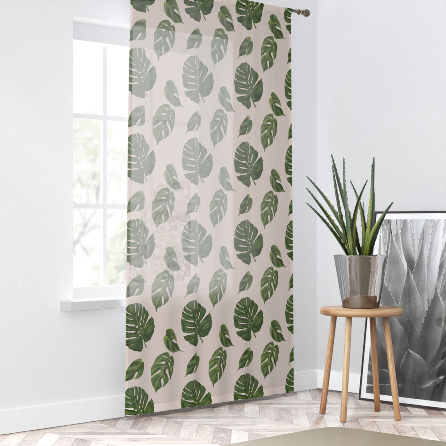Pink Monstera Leaf Sheer Window Curtain