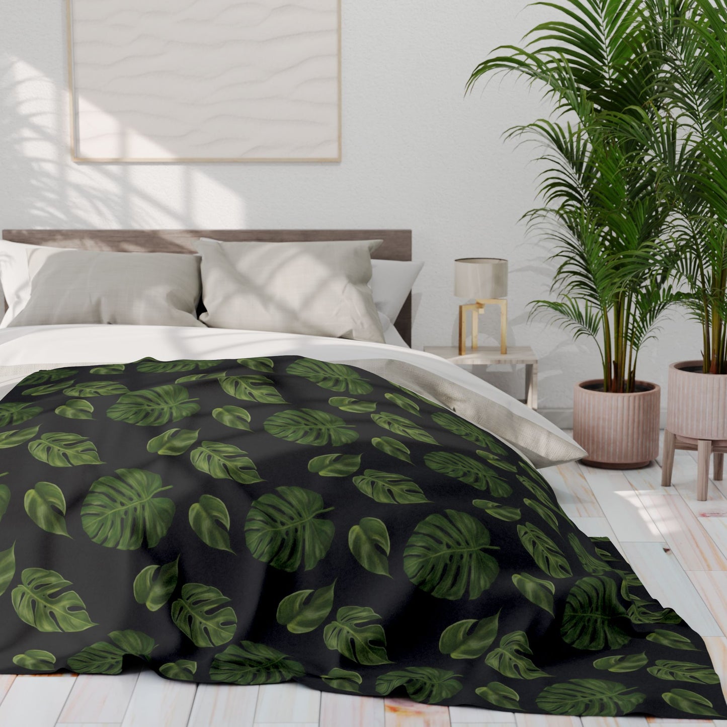 Black Monstera Leaf Fleece Blanket