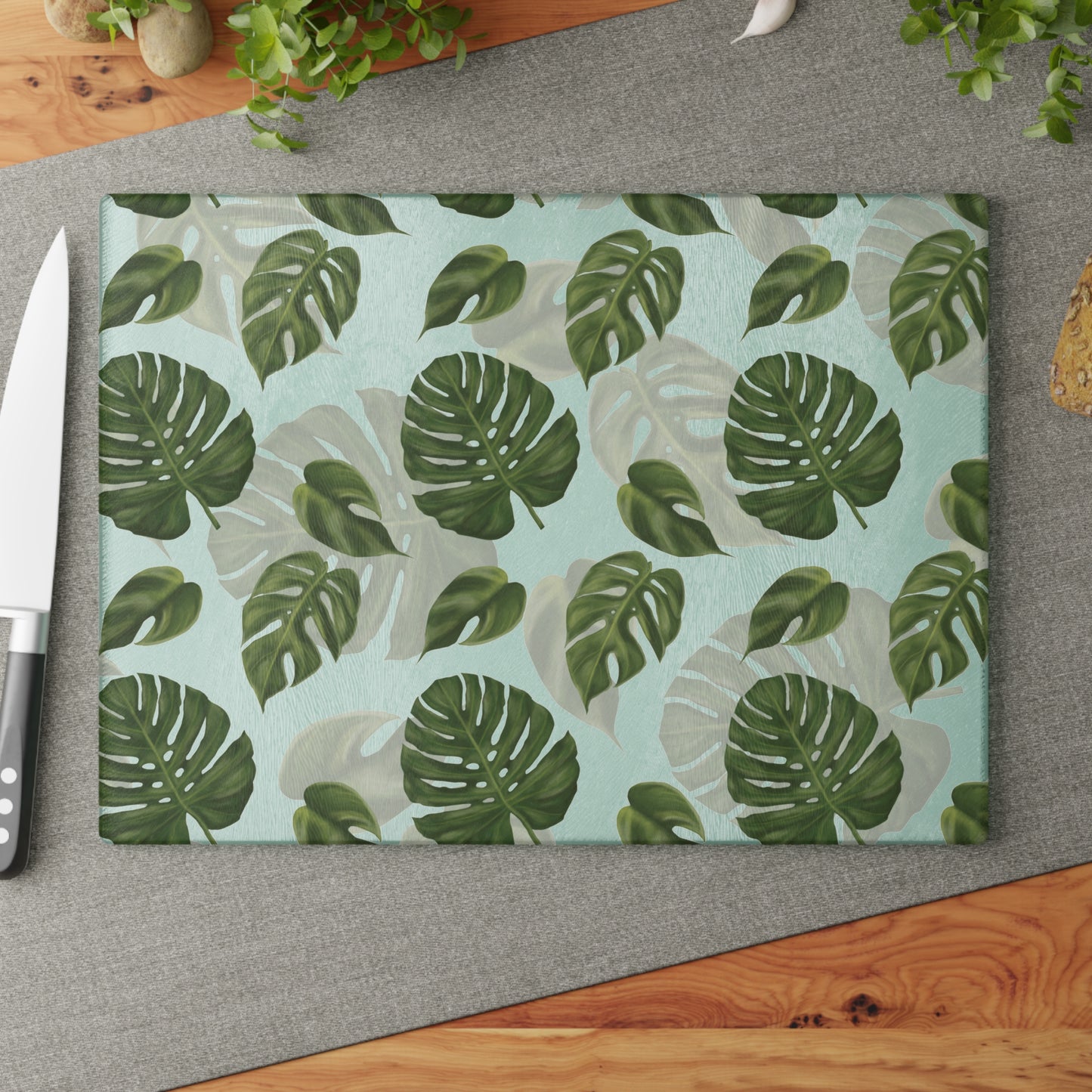 Glass Cutting Board with Monstera Leaf Design