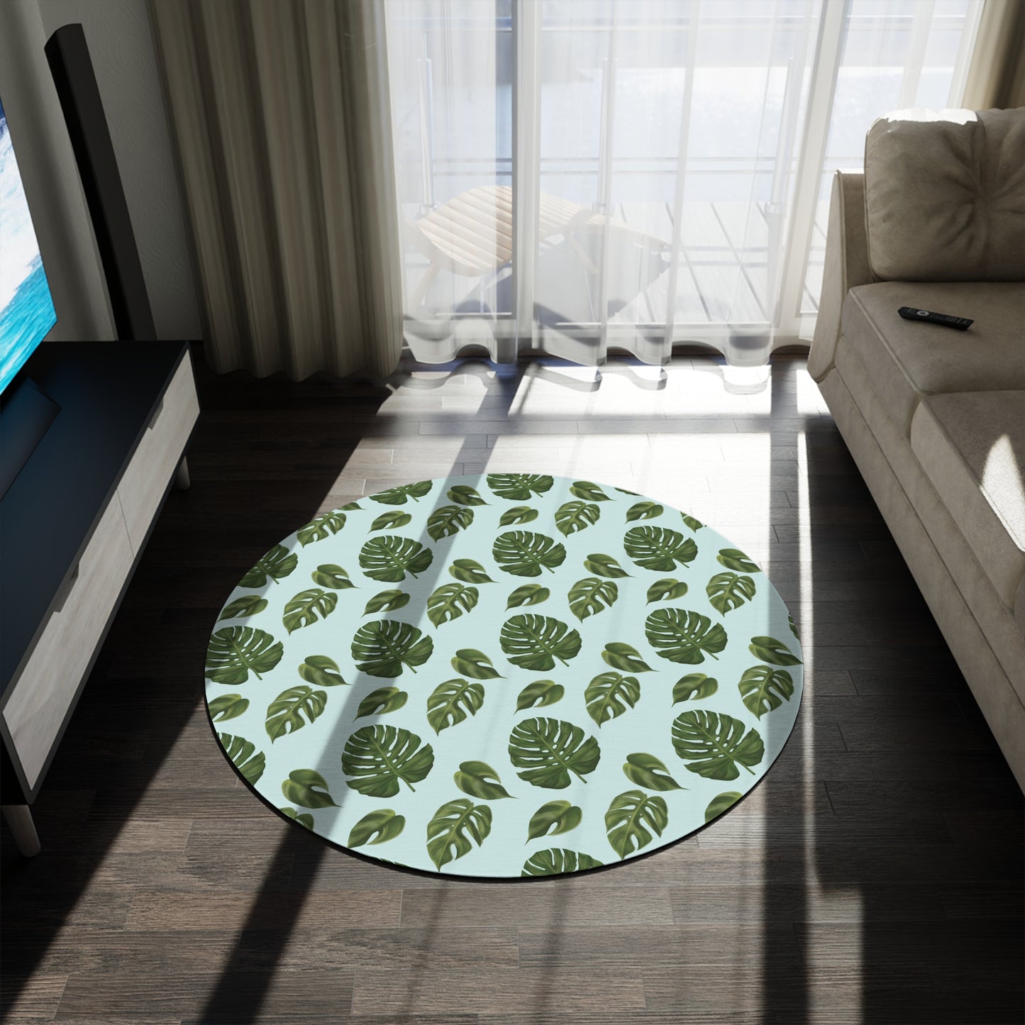 Blue Monstera Leaf Round Rug
