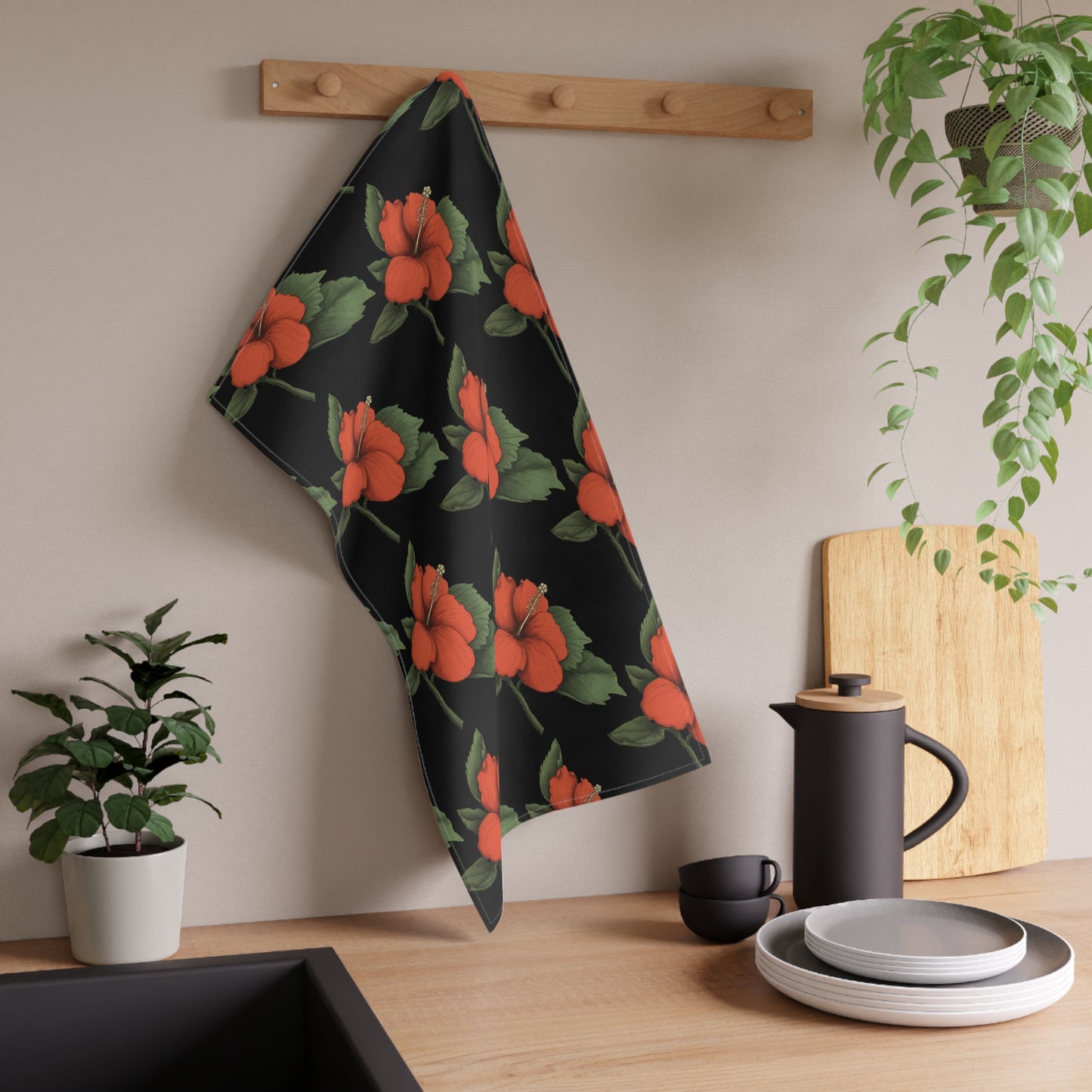 Orange Hibiscus Kitchen Tea Towel
