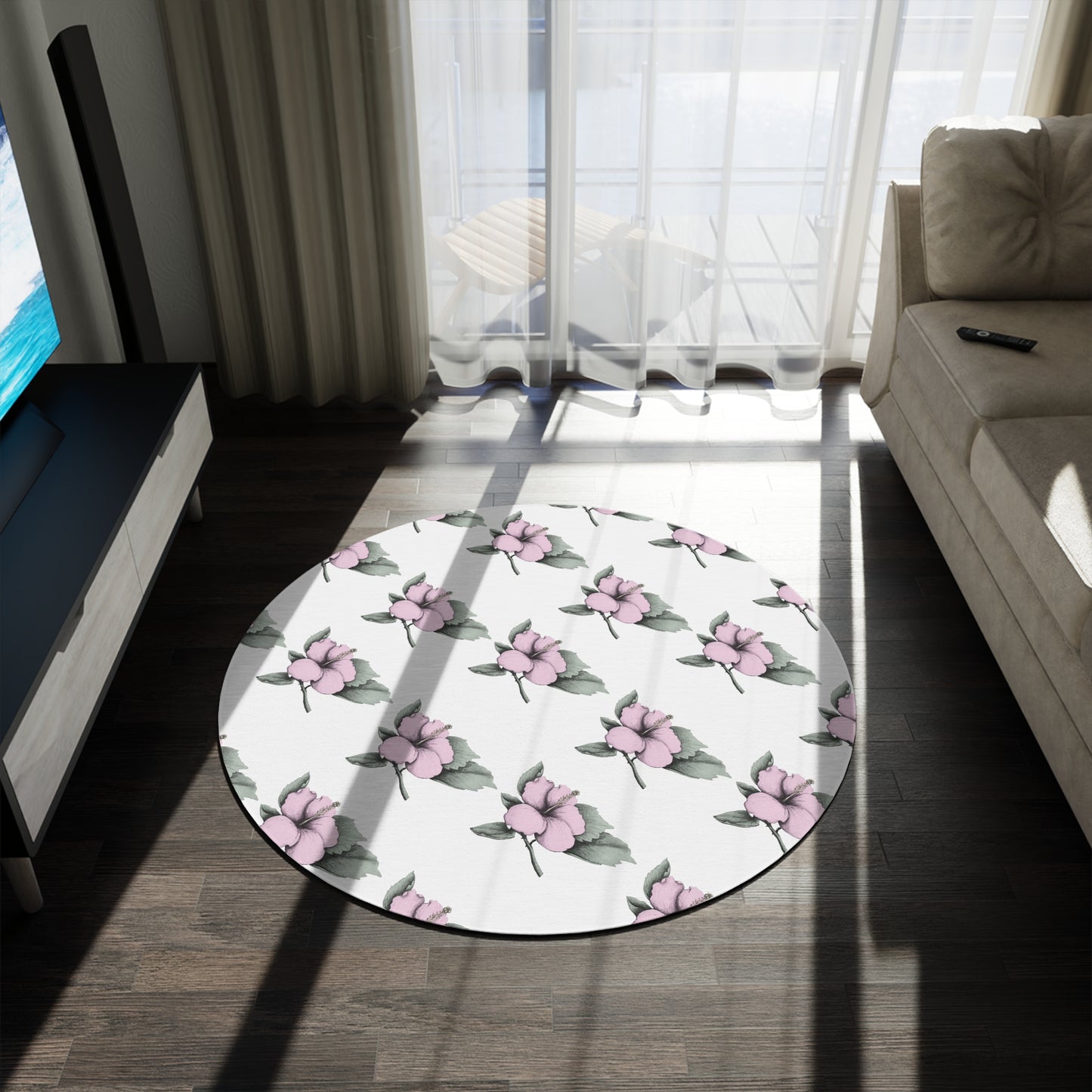 Pink Hibiscus Flower Round Rug