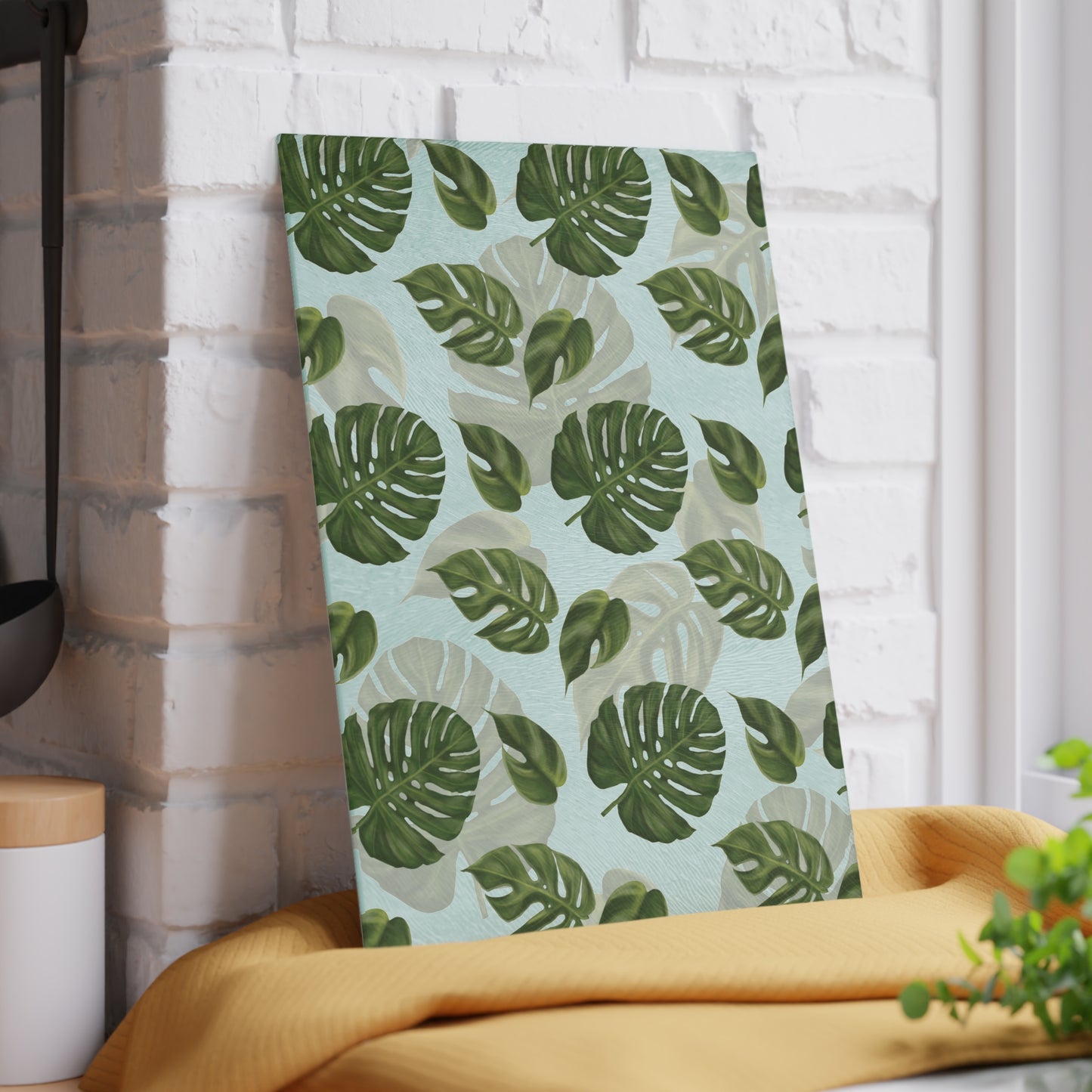 Glass Cutting Board with Monstera Leaf Design