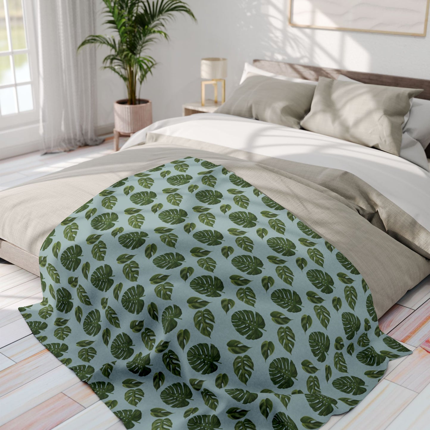 Blue Monstera Leaf Fleece Blanket