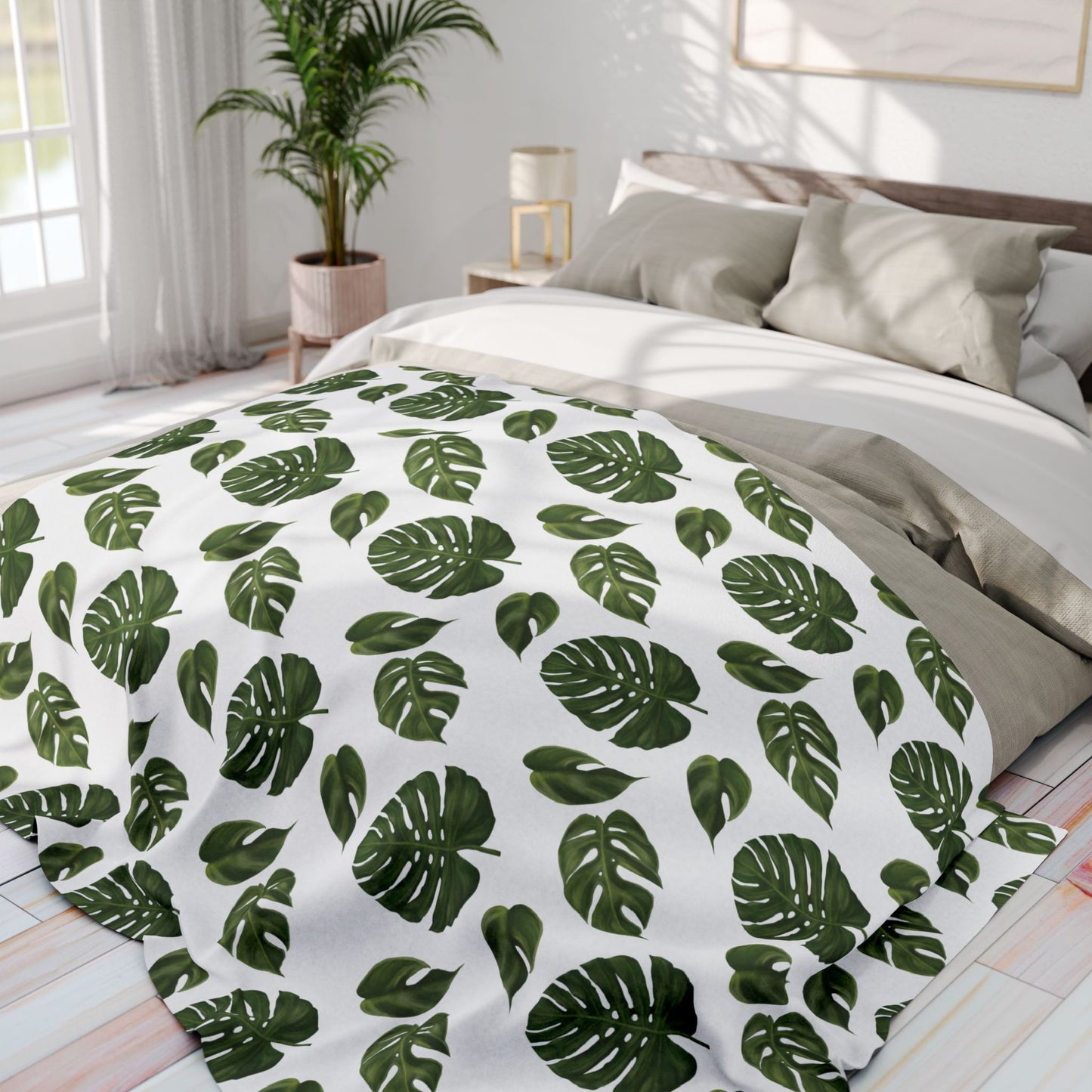 White Monstera Leaf Fleece Blanket