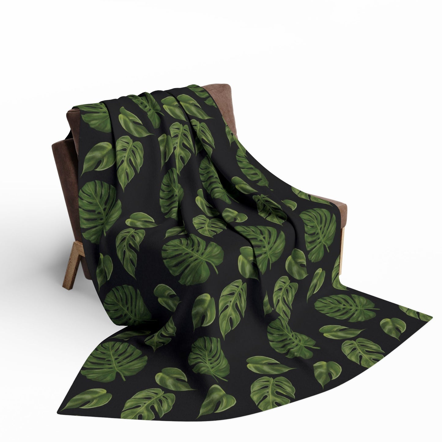 Black Monstera Leaf Fleece Blanket