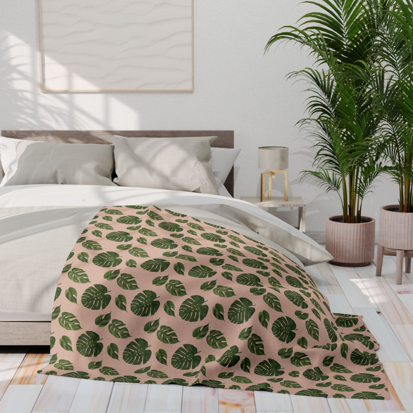 Pink Monstera Leaf Fleece Blanket