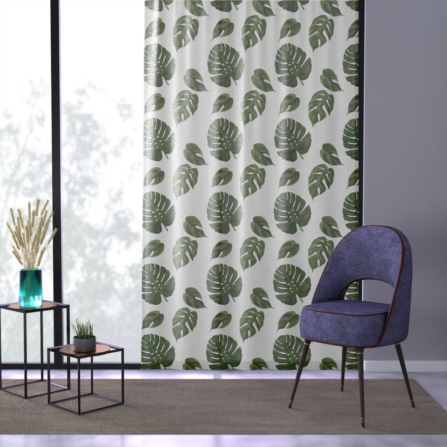 White Monstera Leaf Sheer Window Curtain