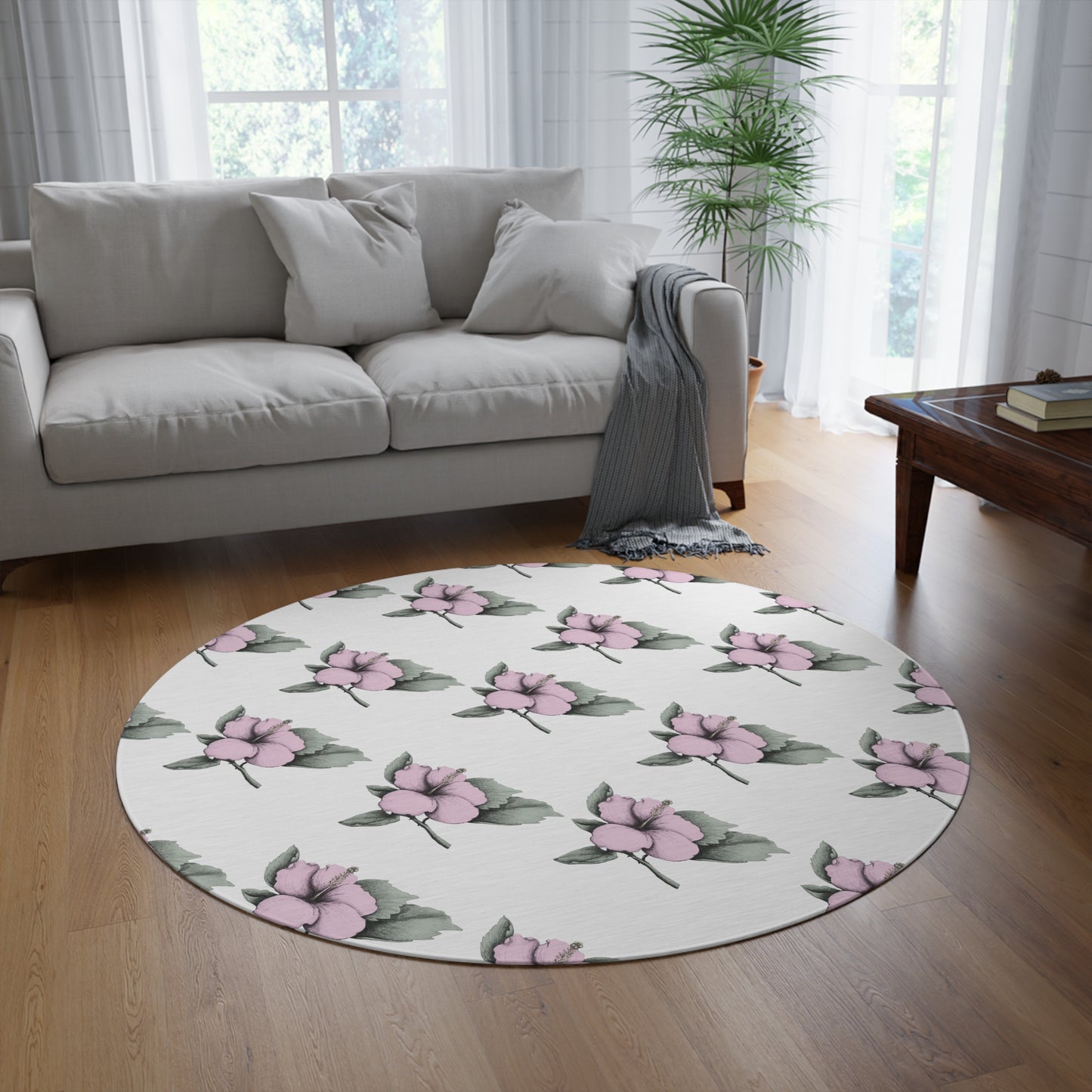 Pink Hibiscus Flower Round Rug