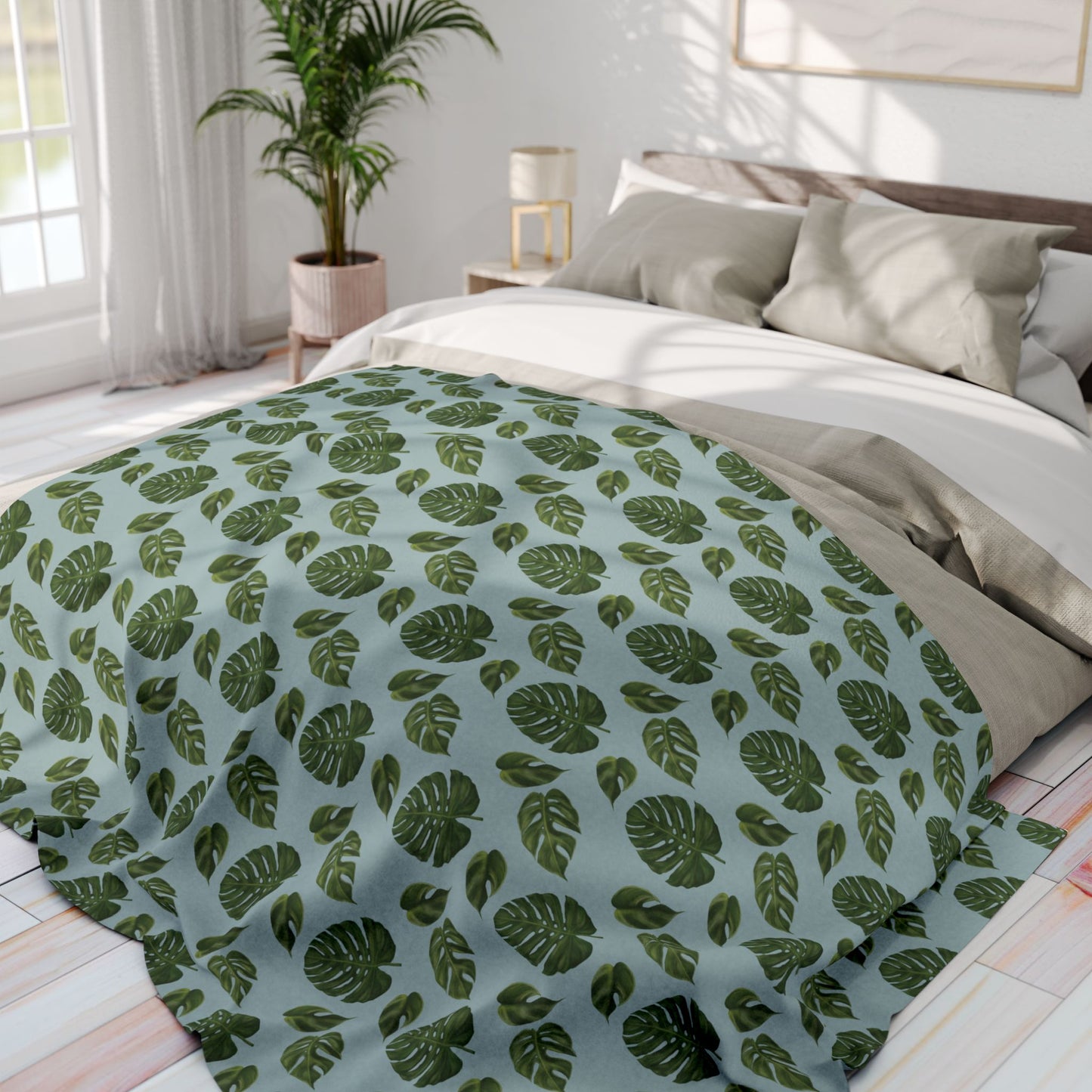 Blue Monstera Leaf Fleece Blanket