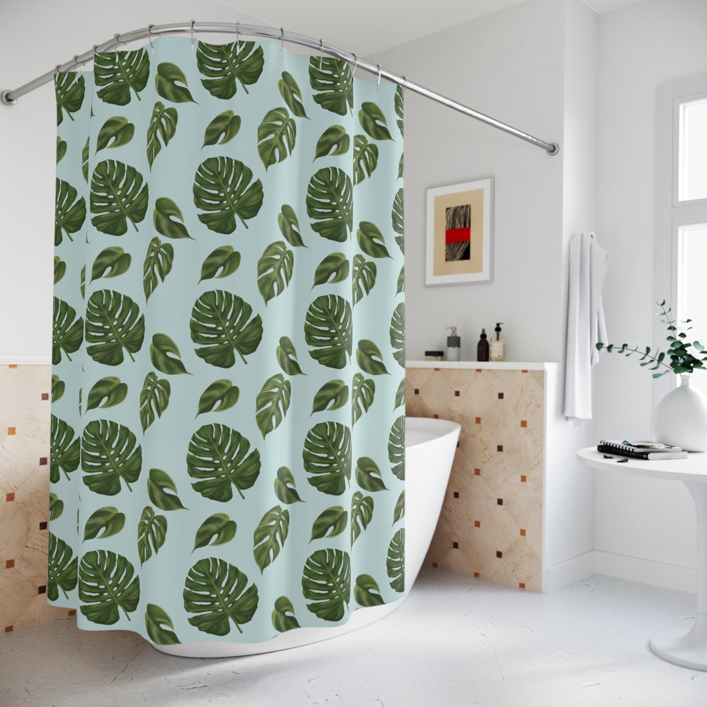Blue Monstera Leaf Shower Curtain