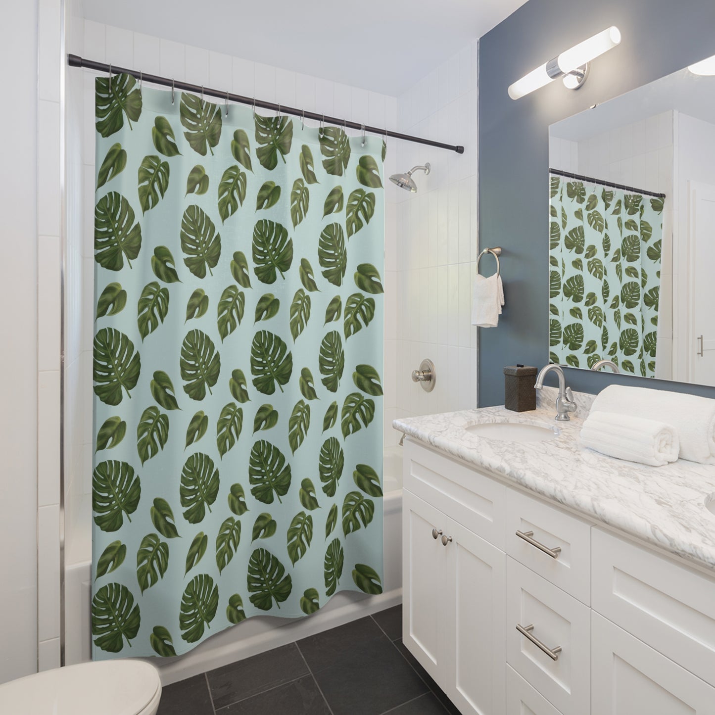 Blue Monstera Leaf Shower Curtain