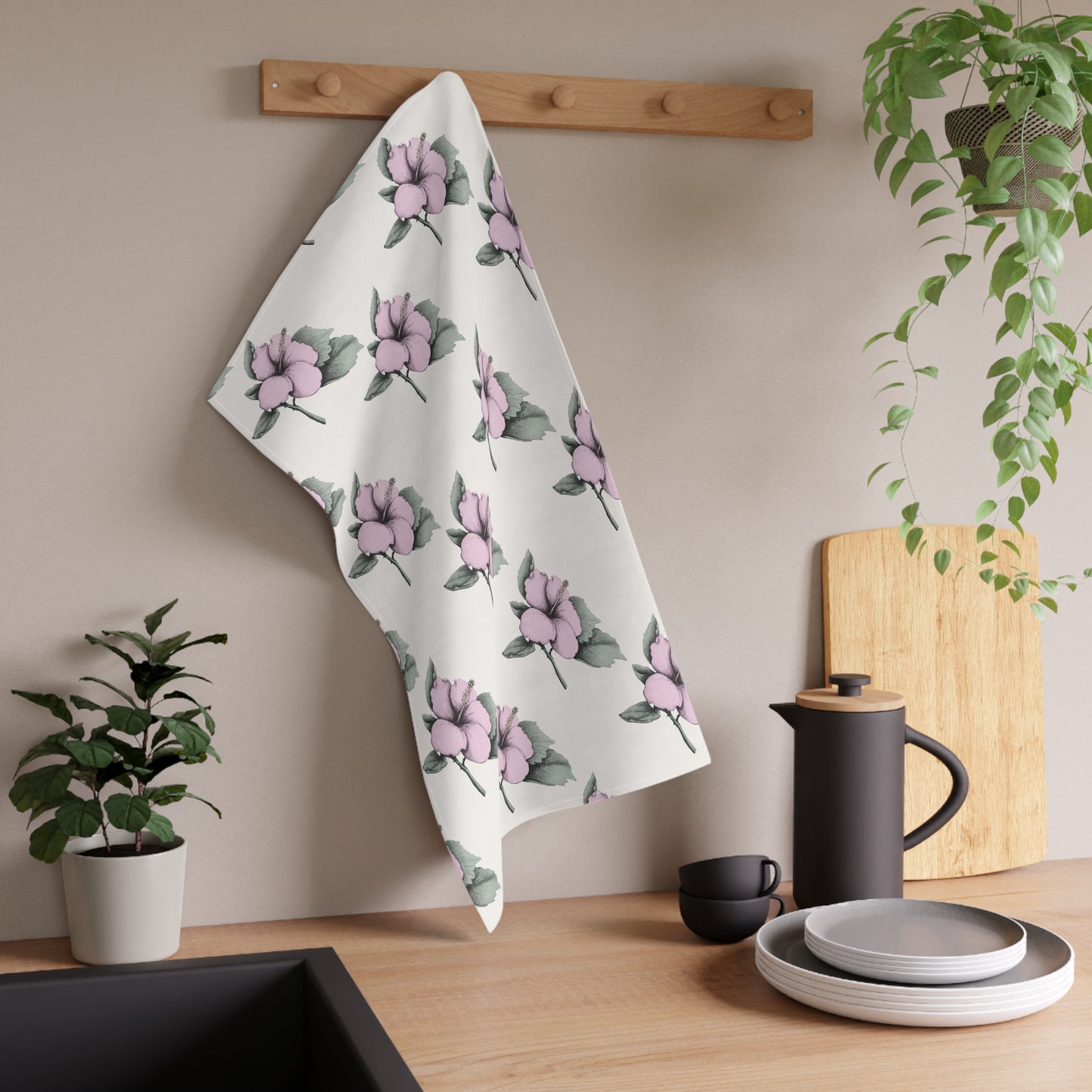 Pink Hibiscus Kitchen Tea Towel