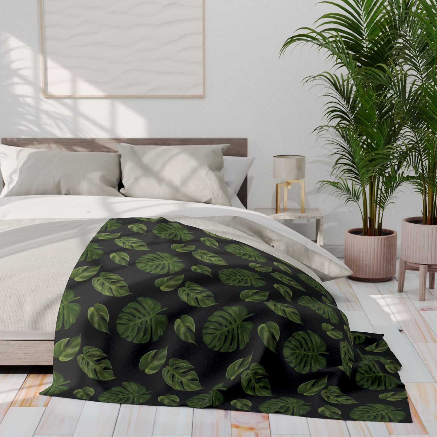 Black Monstera Leaf Fleece Blanket