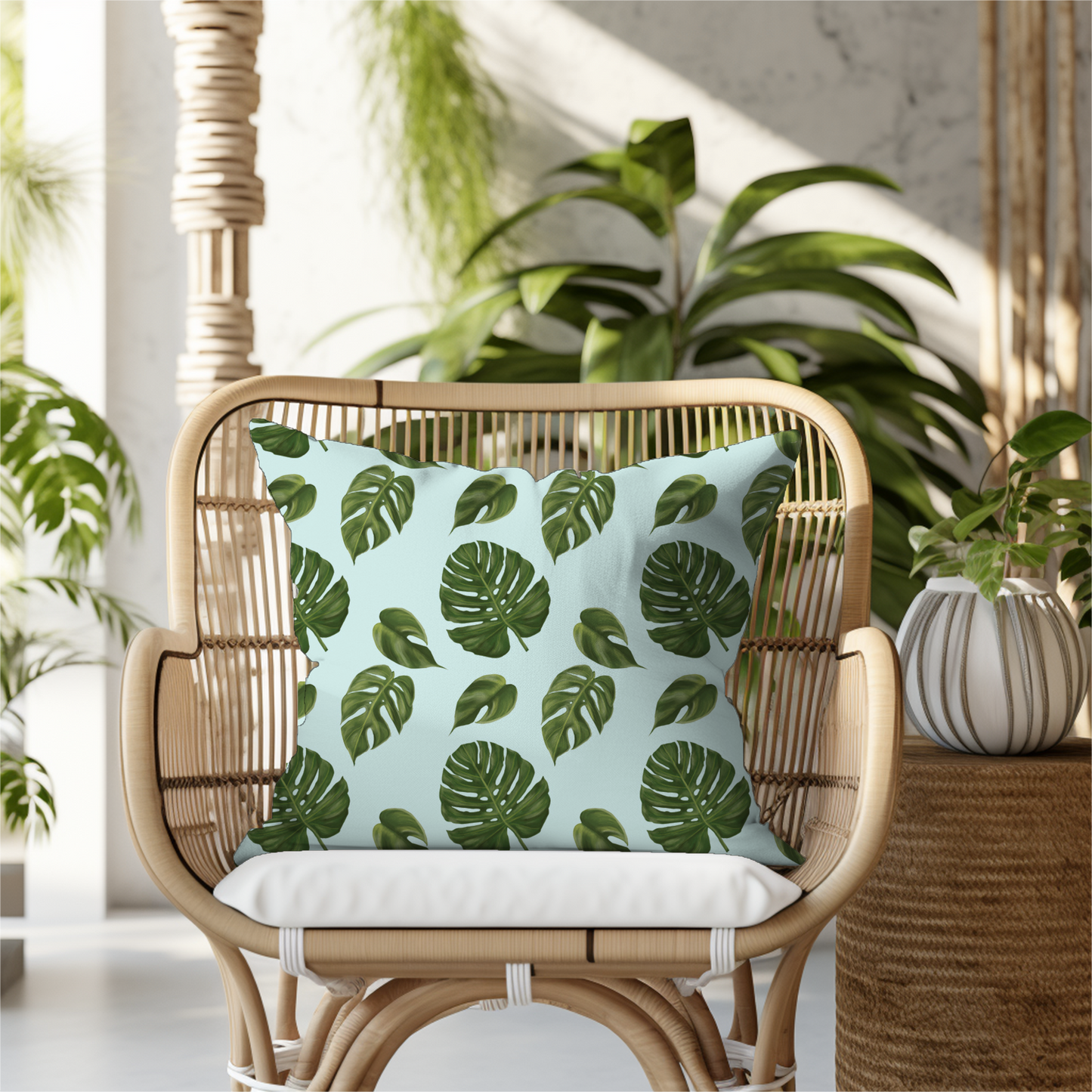 Blue Monstera Leaf Throw Pillow