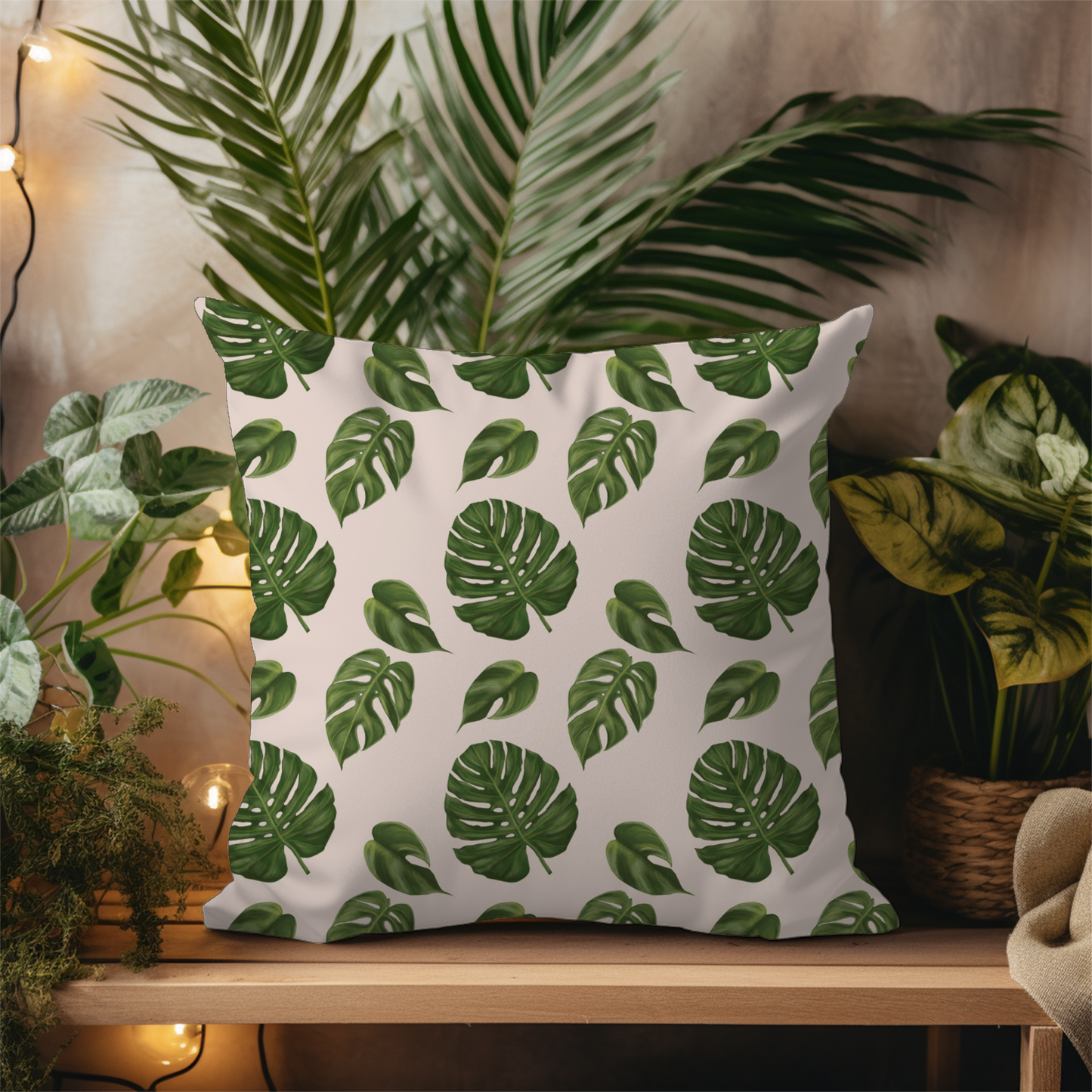 Pink Monstera Leaf Throw Pillow