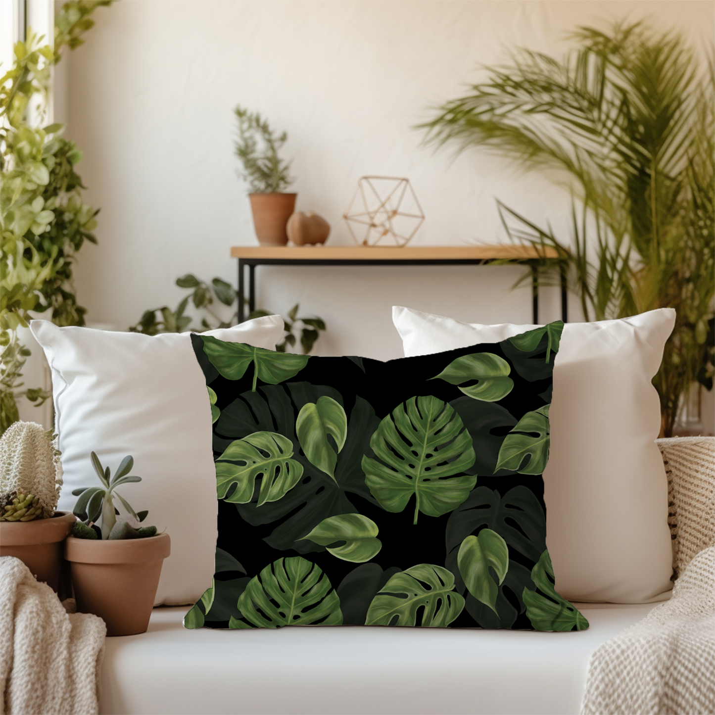 Black Monstera Leaf Throw Pillow