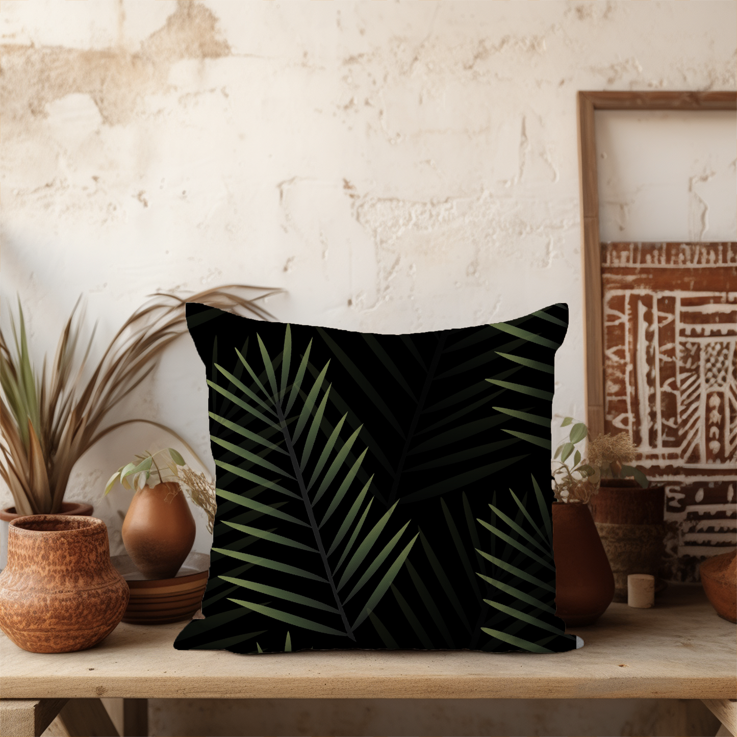 Black Palm Leaf Throw Pillow