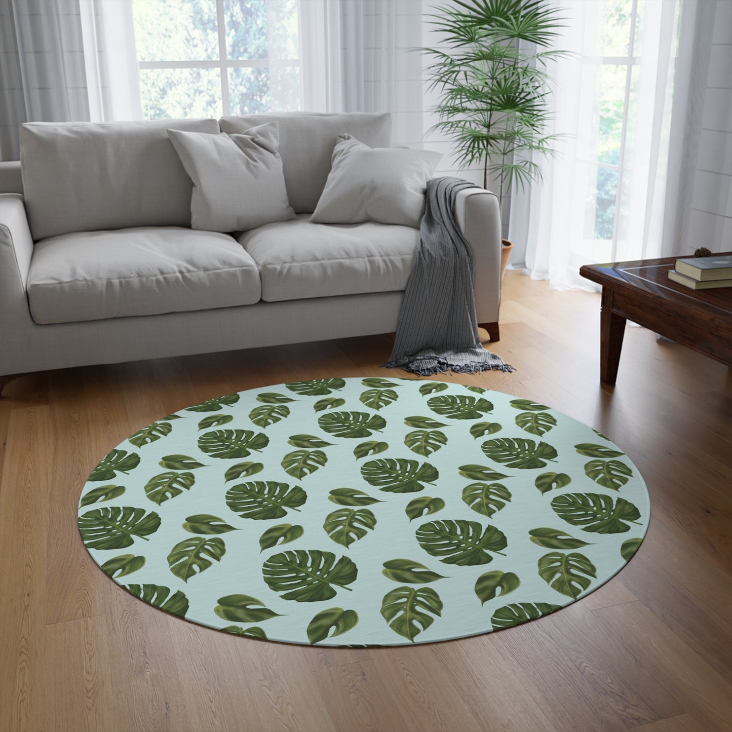 Blue Monstera Leaf Round Rug