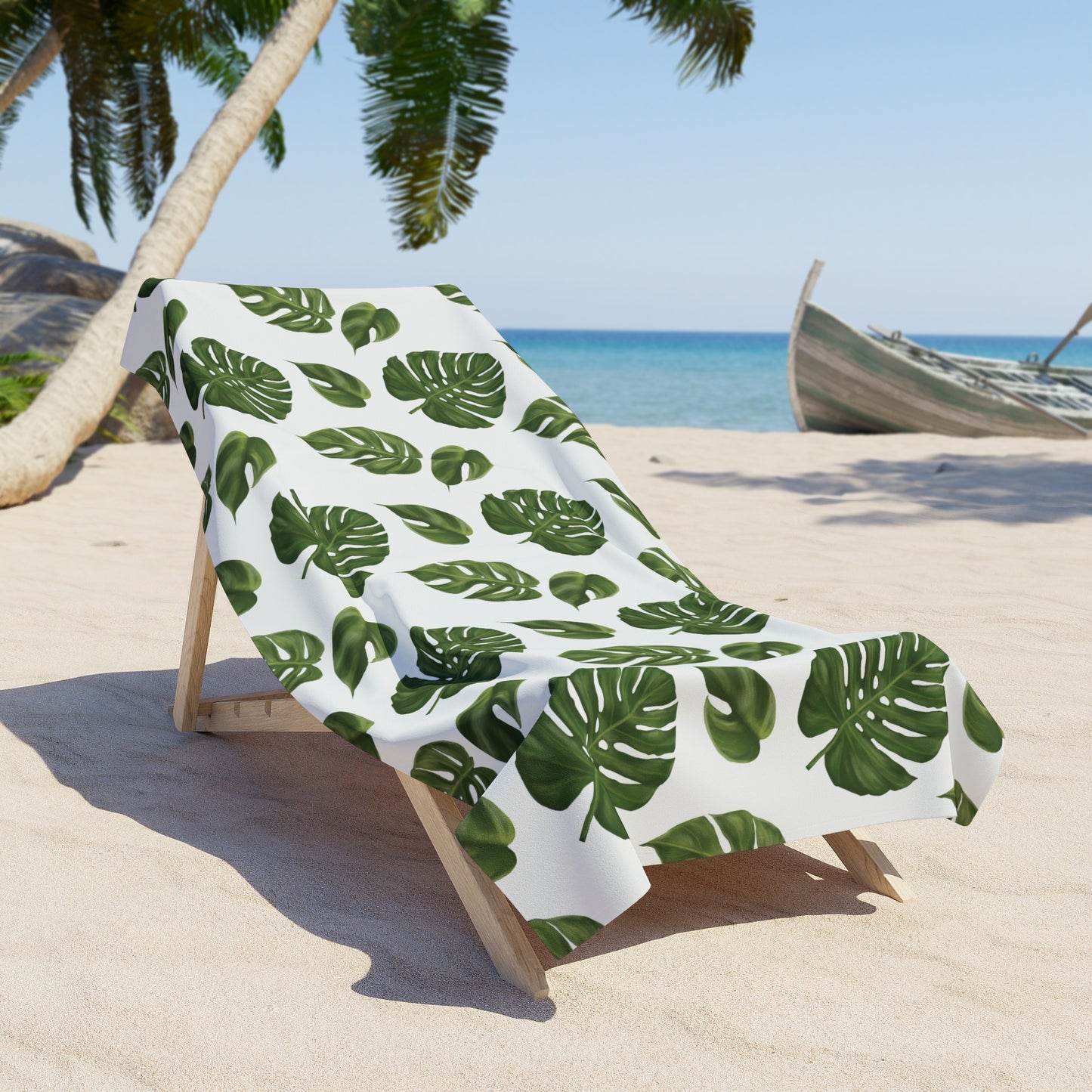 White Monstera Leaf Beach Towel