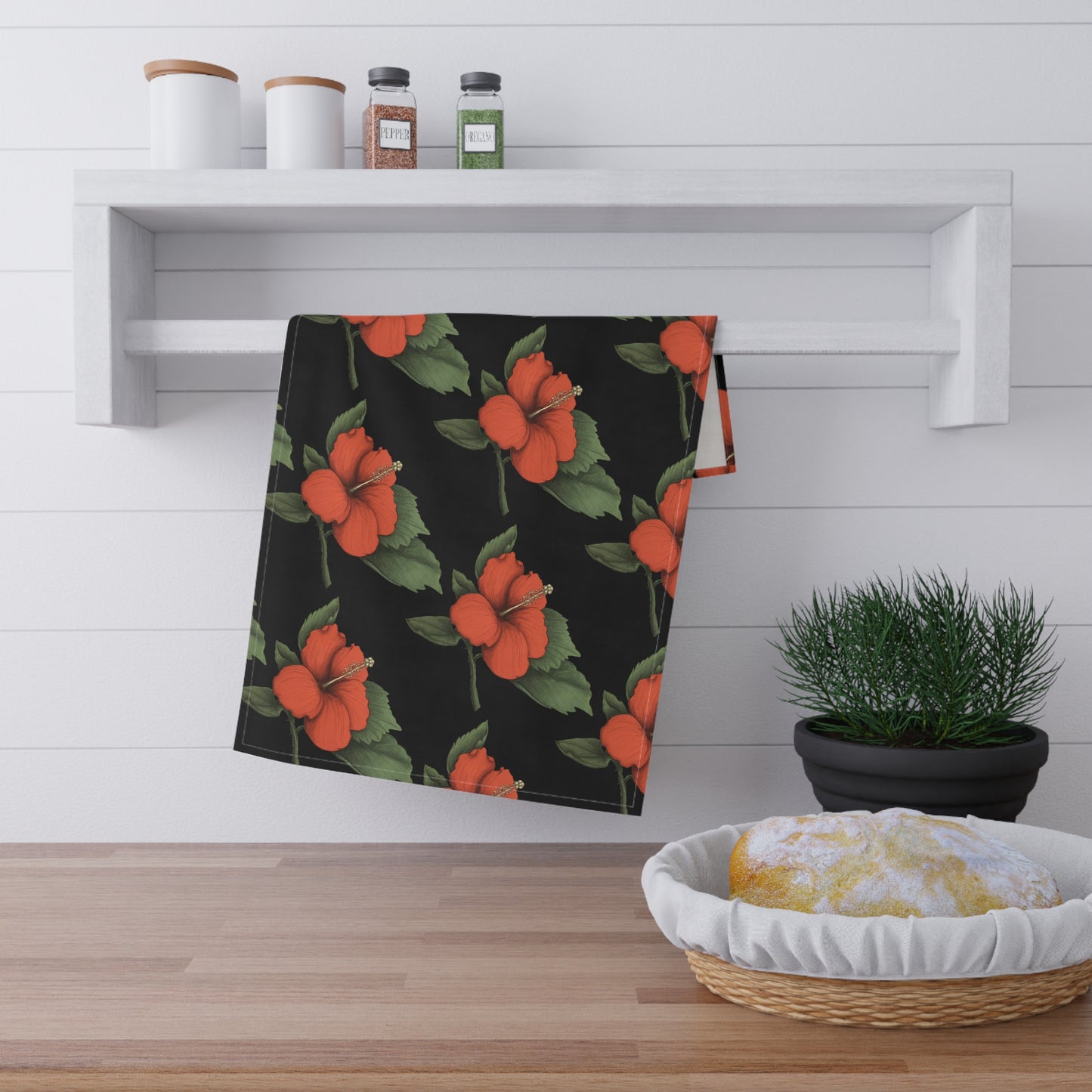 Orange Hibiscus Kitchen Tea Towel