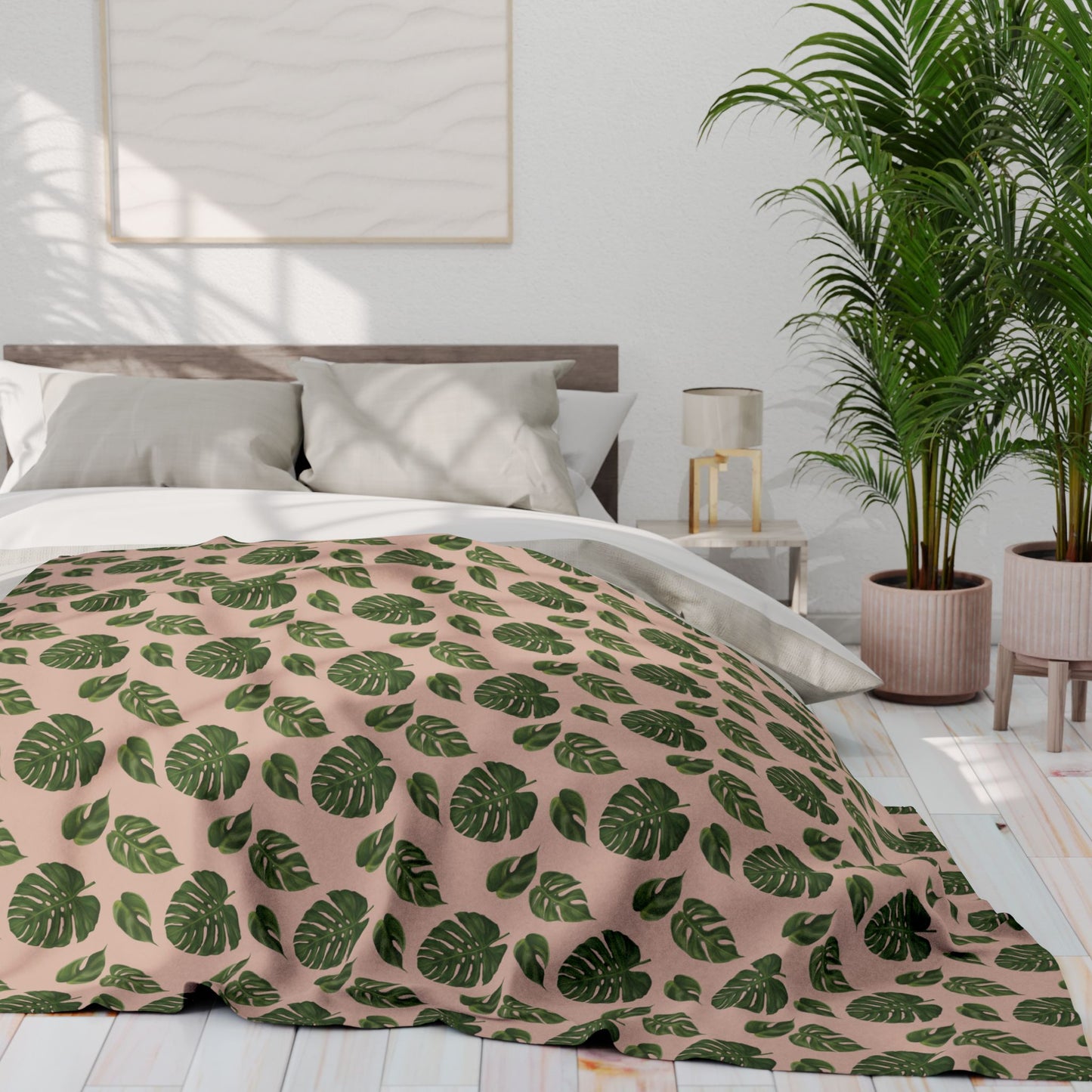 Pink Monstera Leaf Fleece Blanket