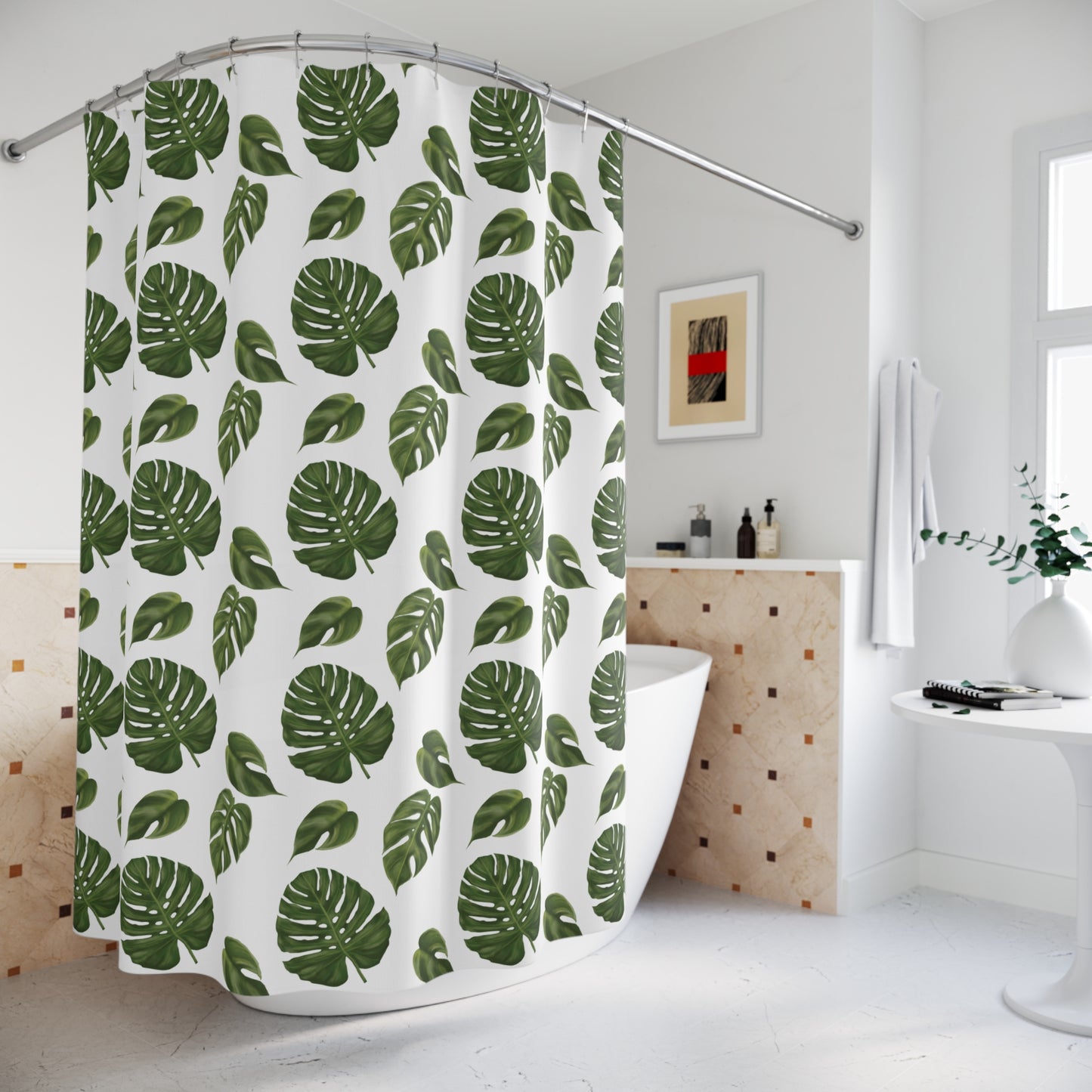 White Monstera Leaf Shower Curtain