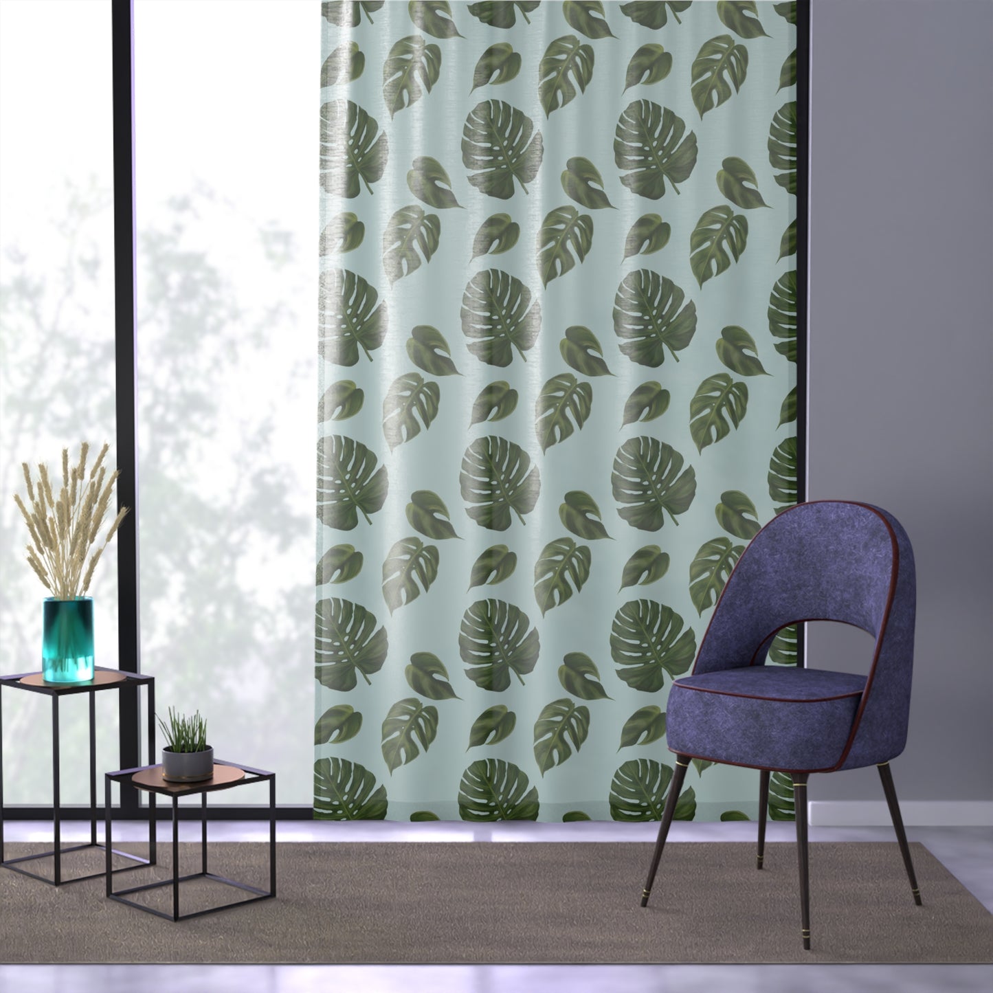 Blue Monstera Leaf Sheer Window Curtain