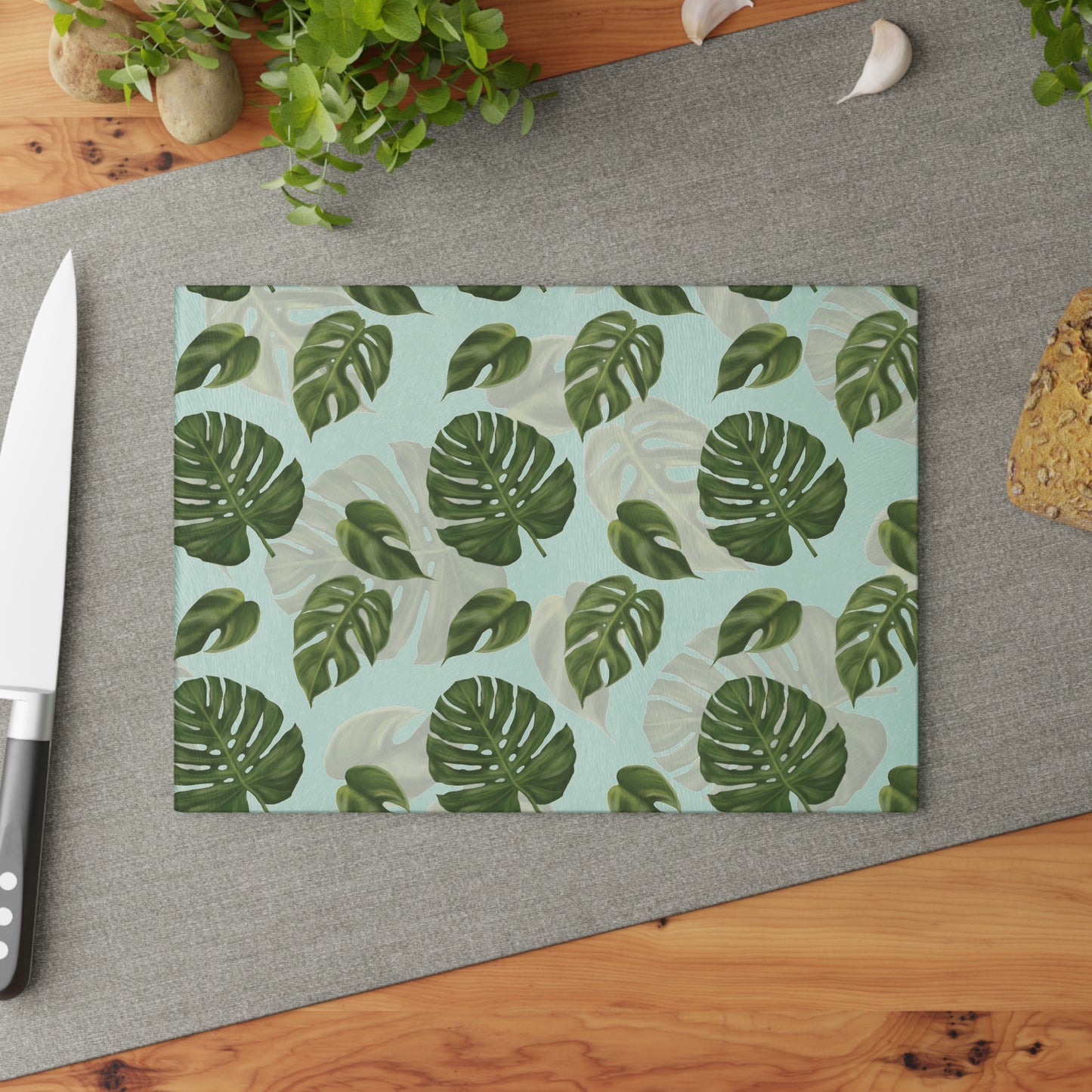 Glass Cutting Board with Monstera Leaf Design
