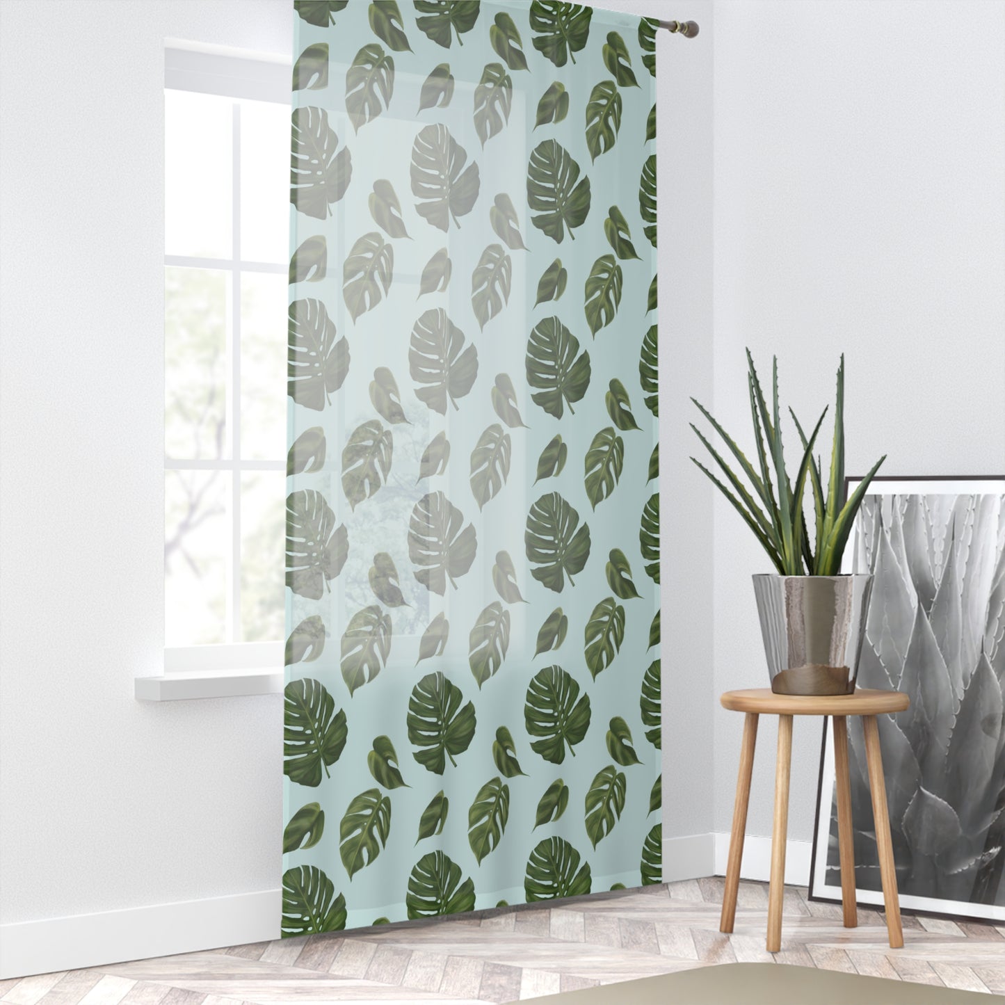 Blue Monstera Leaf Sheer Window Curtain