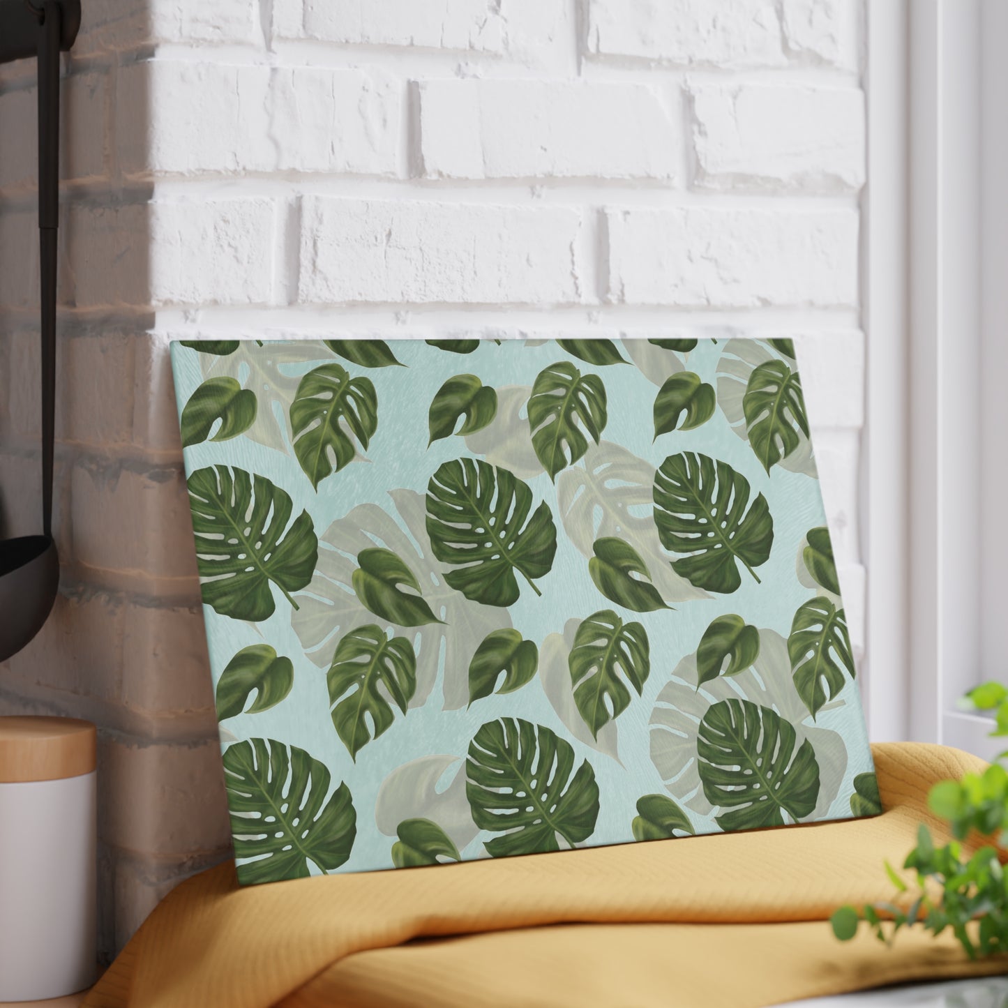 Glass Cutting Board with Monstera Leaf Design
