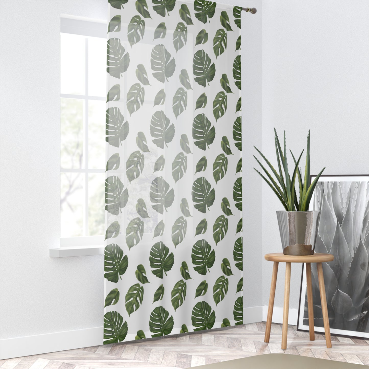 White Monstera Leaf Sheer Window Curtain