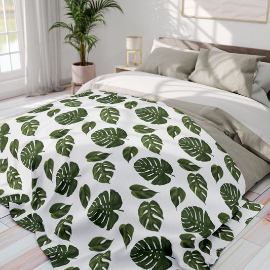 White Monstera Leaf Fleece Blanket