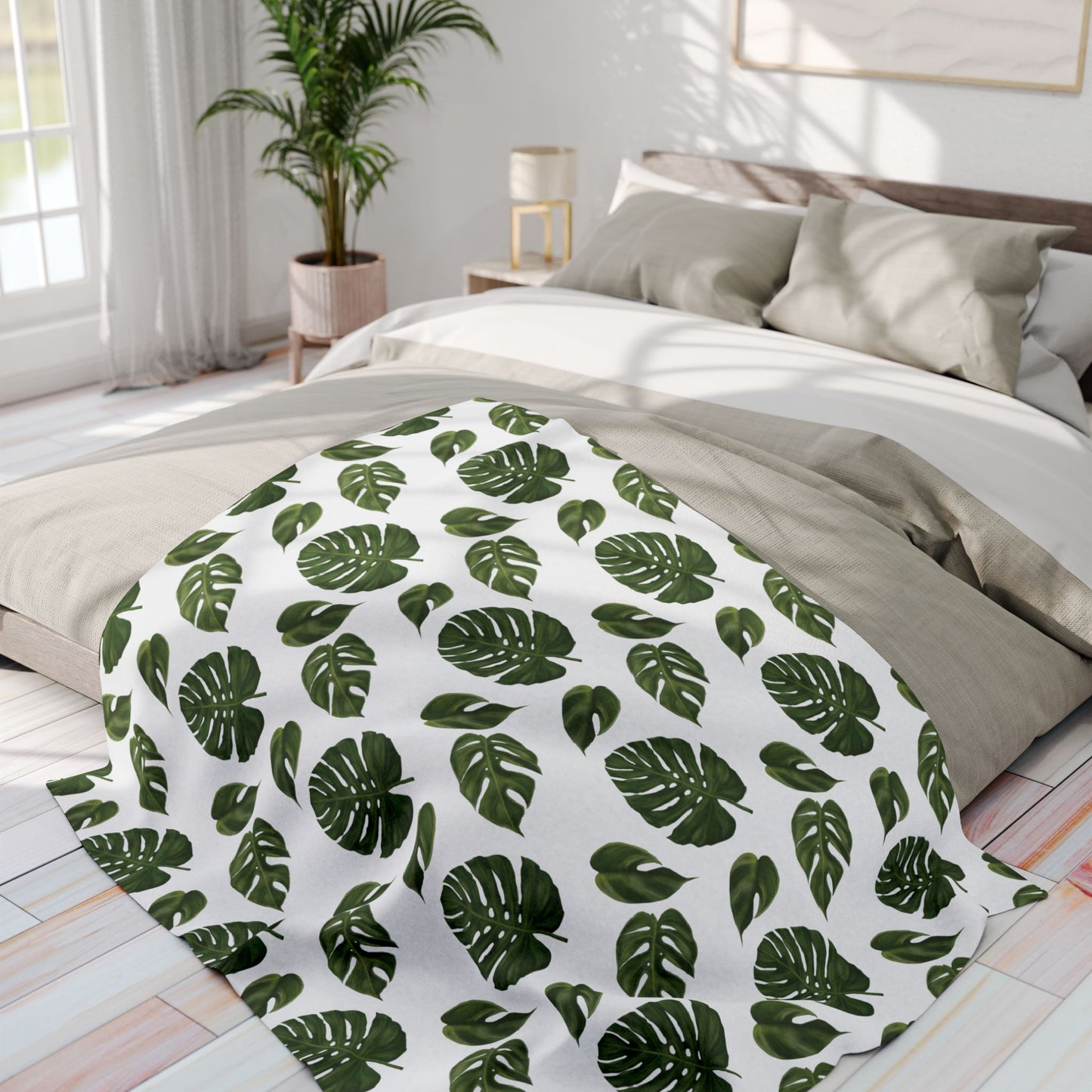 White Monstera Leaf Fleece Blanket