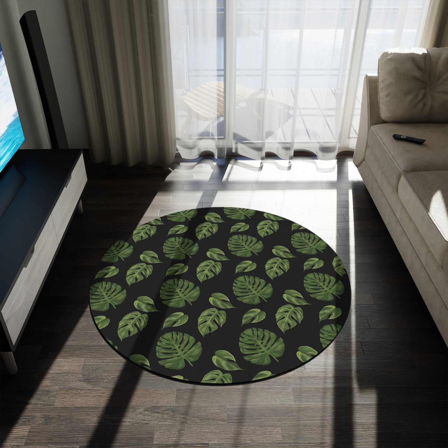 Black Monstera Leaf Round Rug