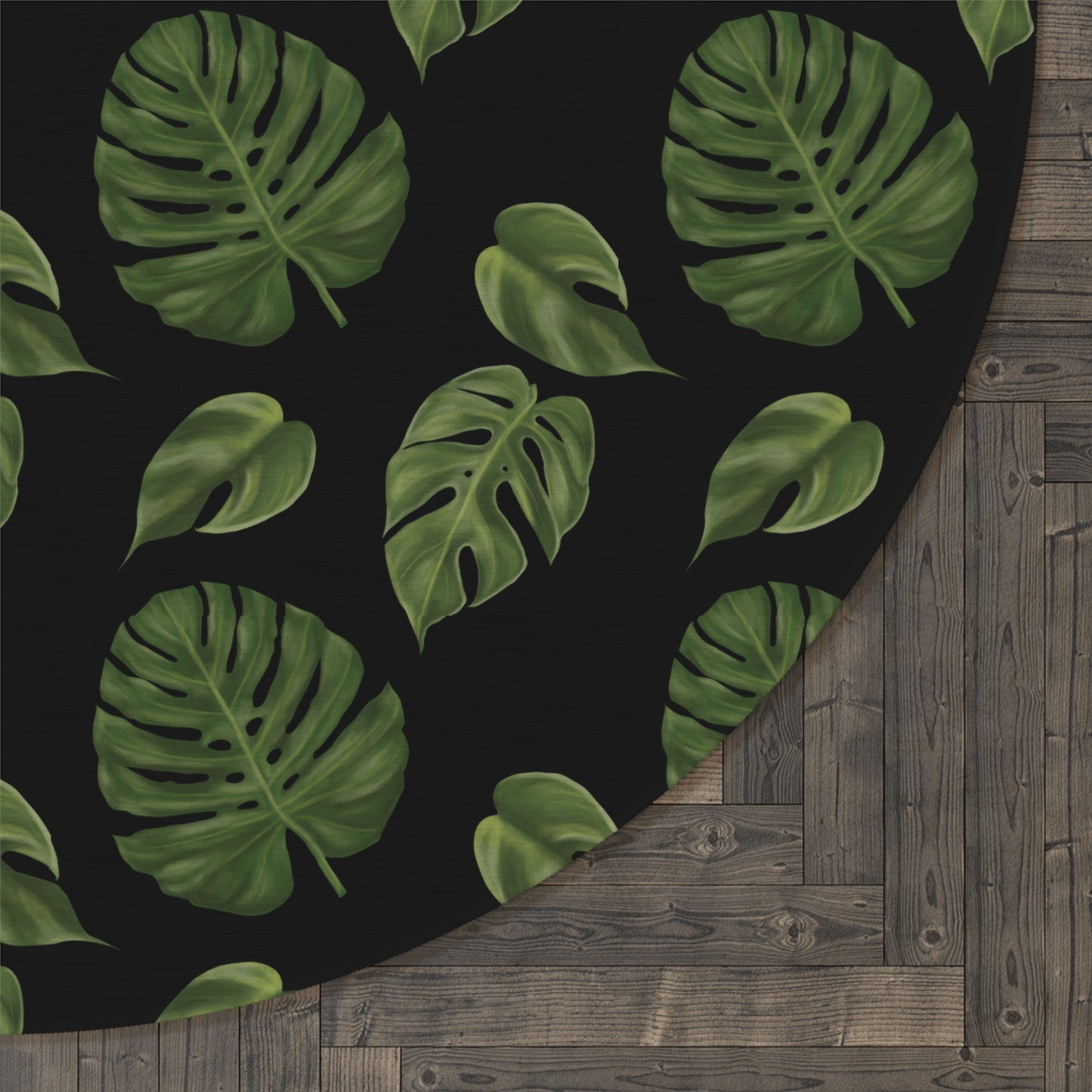 Black Monstera Leaf Round Rug