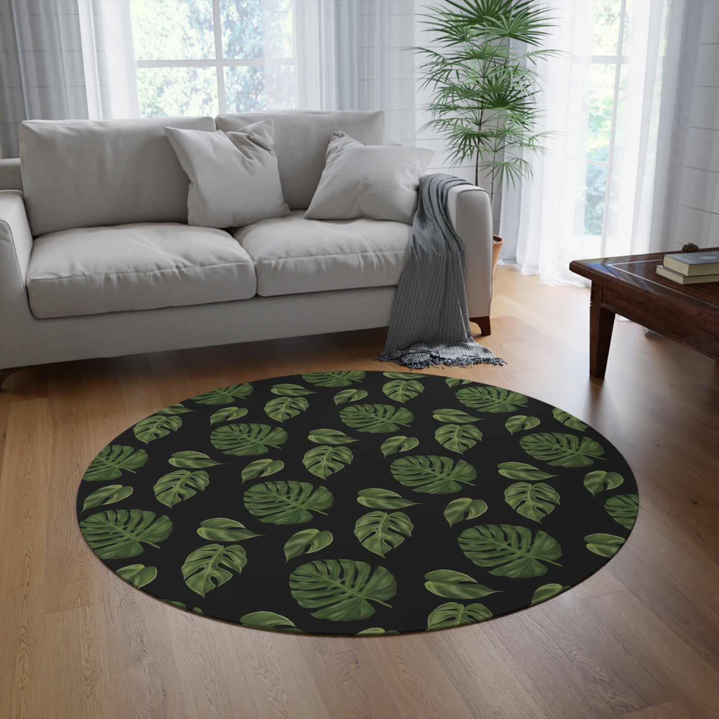 Black Monstera Leaf Round Rug